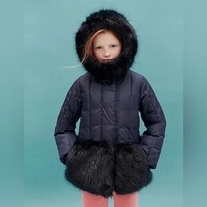 J.Crew CrewCuts Navy Blue Girls Size 8Quilted Puffer Coat Jacket Faux Fur Sz 8
